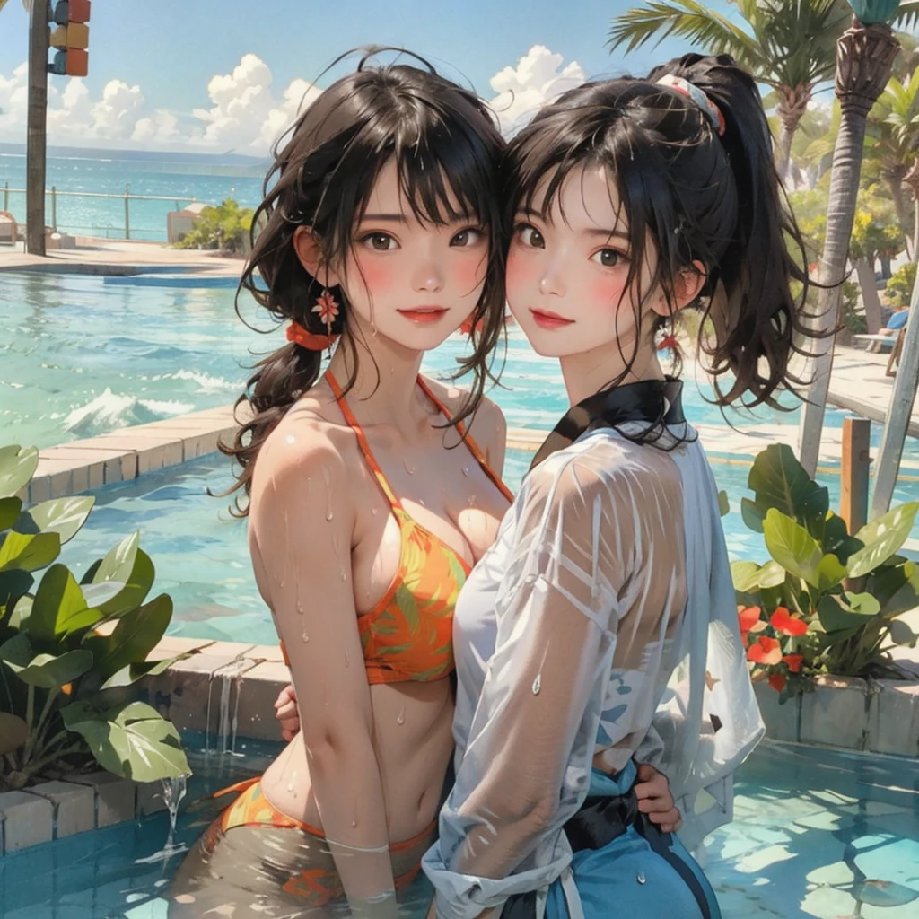((highest quality, masterpiece, High resolution)), ((reality)),Photos of beautiful Japanese women,((anime art))、 (((1 girl))), normal size breasts, slim body shape, long ponytail,double eyelid, Wet see-through micro bikini, A pareo with bold ethnic patterns and plenty of primary colors、(Brown skin:1.4),realistic skin、Wet,whole body,cinematic light、tropical、Against the background of palm trees on both sides、on a sunny beach、With the sea in the background、blur background、smile