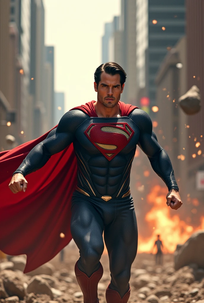 Henry Cavill as Superman Saving Kid In High Intense Hard-core Fight Against His Enemies With Highly Upgraded Weapons On Their Hands In Metropolis City 