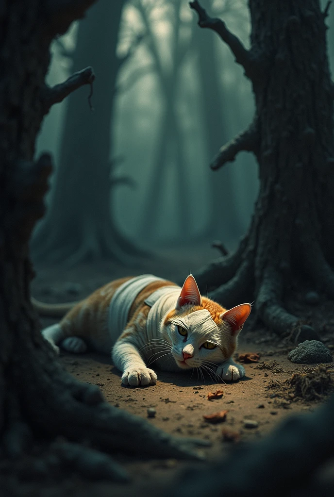 A cat with a blindfold and bandages around its eyes and nose lies in the forest, injured and vulnerable. The surrounding trees are dark and ominous, hinting at the danger lurking nearby.