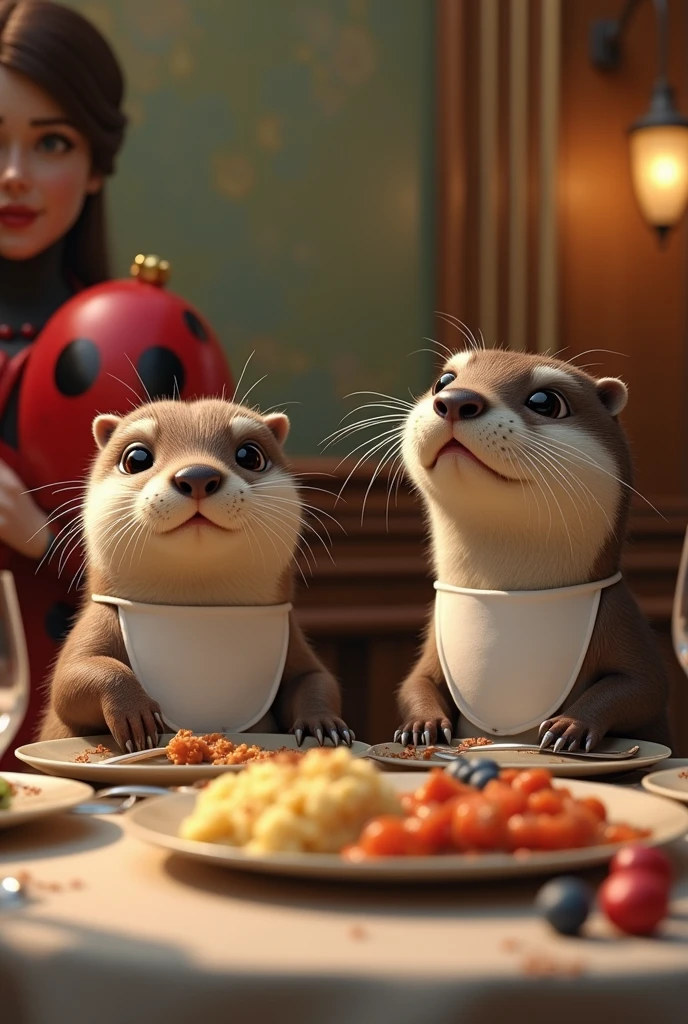 Two otters at the dining table. With cutlery in hand. They have bibs on and are hungry. You will be served by a waiter in a ladybug outfit..
