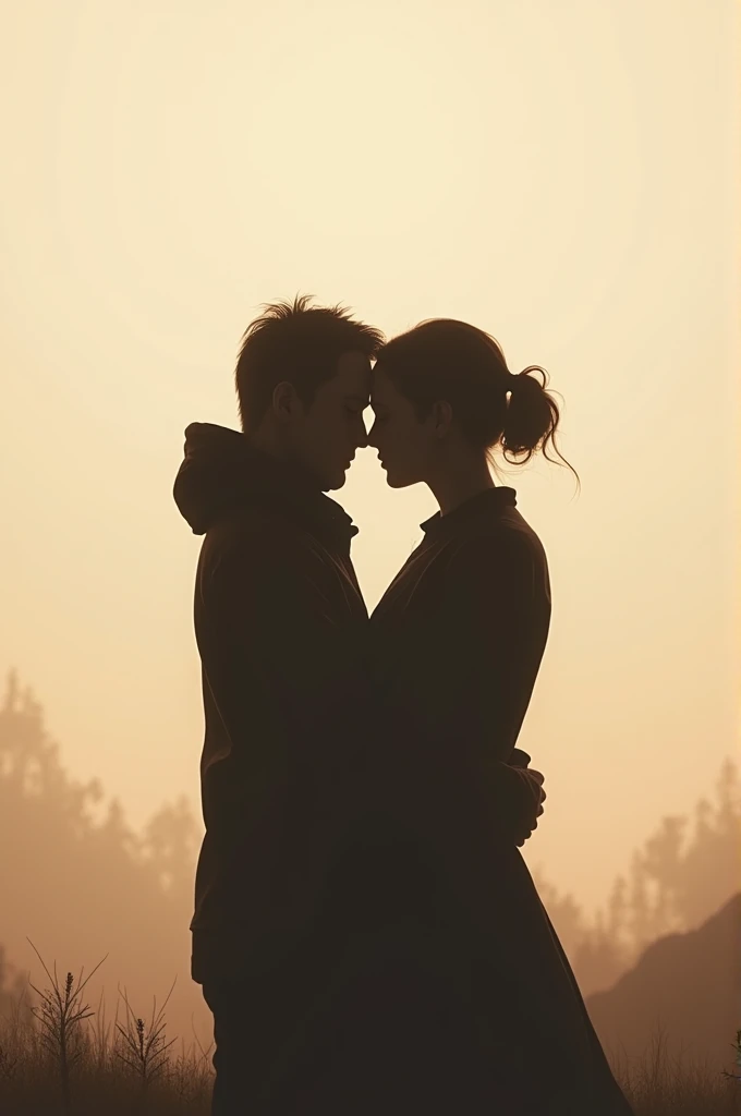 “Create a silhouette of two people hugging in a minimalist style, with a blurred background that evokes intimacy and tenderness.”
