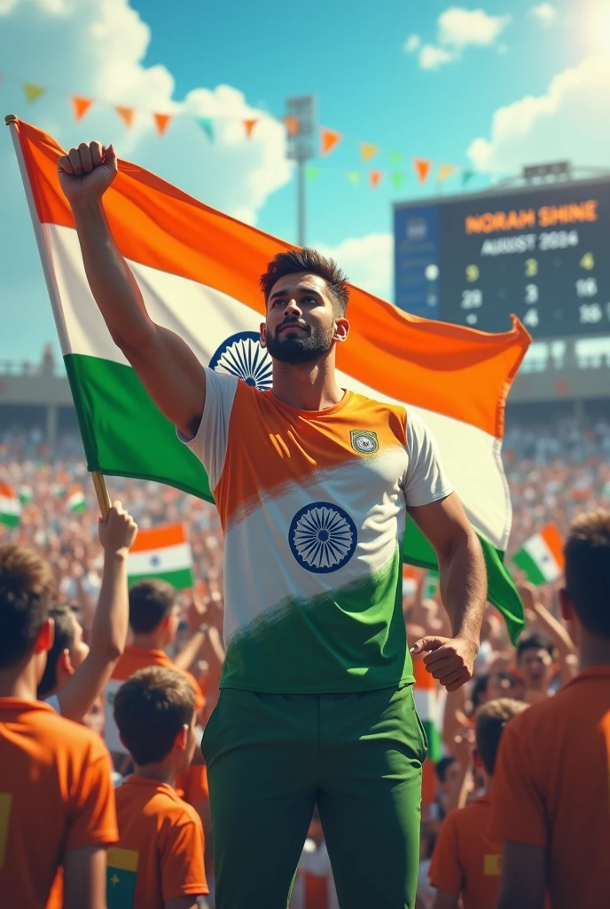 Create 3D illusion for a profile picture where
Happy Independence Day 15 August 2024 is written on big flag of India and a 25-year-old boy with strong biceps is standing in front of him wearing Orange white and green colour half T-shirt, with name "SHADMAN" written on t shirt, and holding the Indian flag in his hand, in cricket stadium, and stadium full with crowd and Indian flags, and NORAH SHINE written on score board, in Orange white and green colour, 3D art painting realistic high quality photo