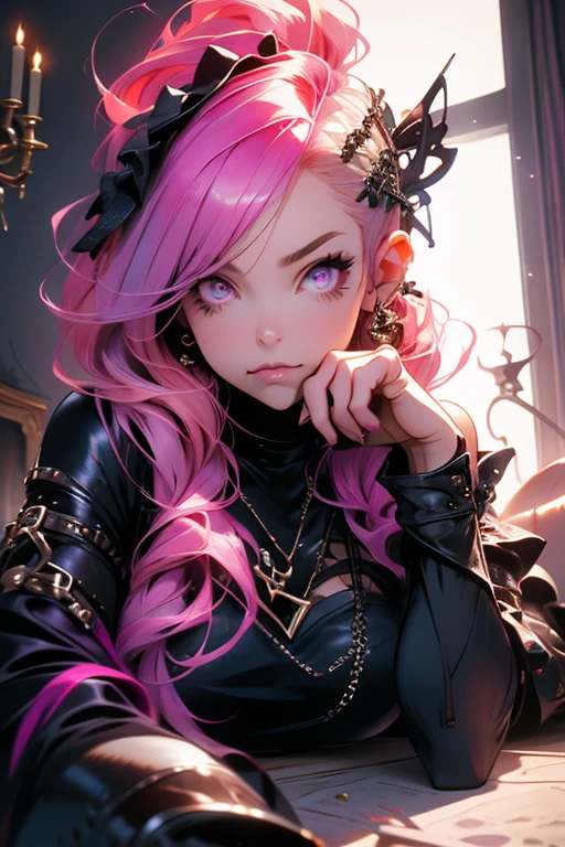 Perfect face. Perfect hands. A pink haired woman with violet eyes and an hourglass figure in a pair of leggings and a tight crop is lounging in a Gothic living room
