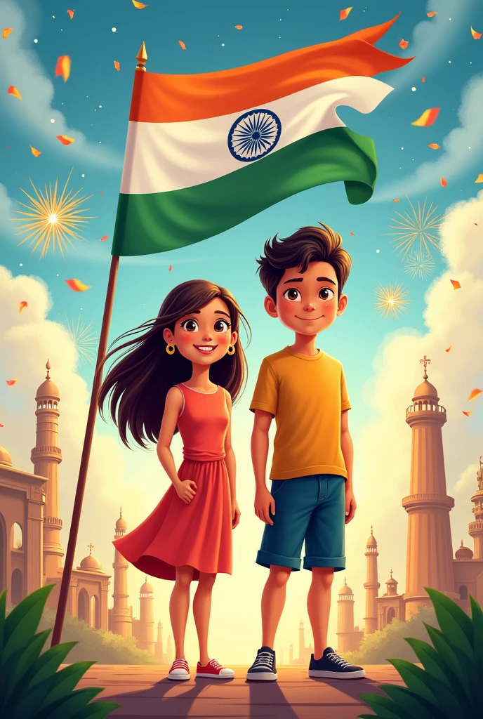 Make a independence day pic in which there a girl and a boy. On girl write the name of pinki and on the boy write name of dhruv