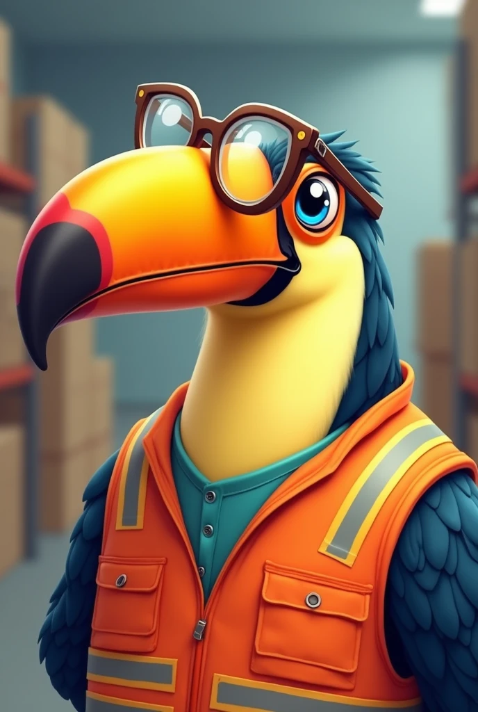 Toucan wearing a warehouse vest and glasses in a cartoon style