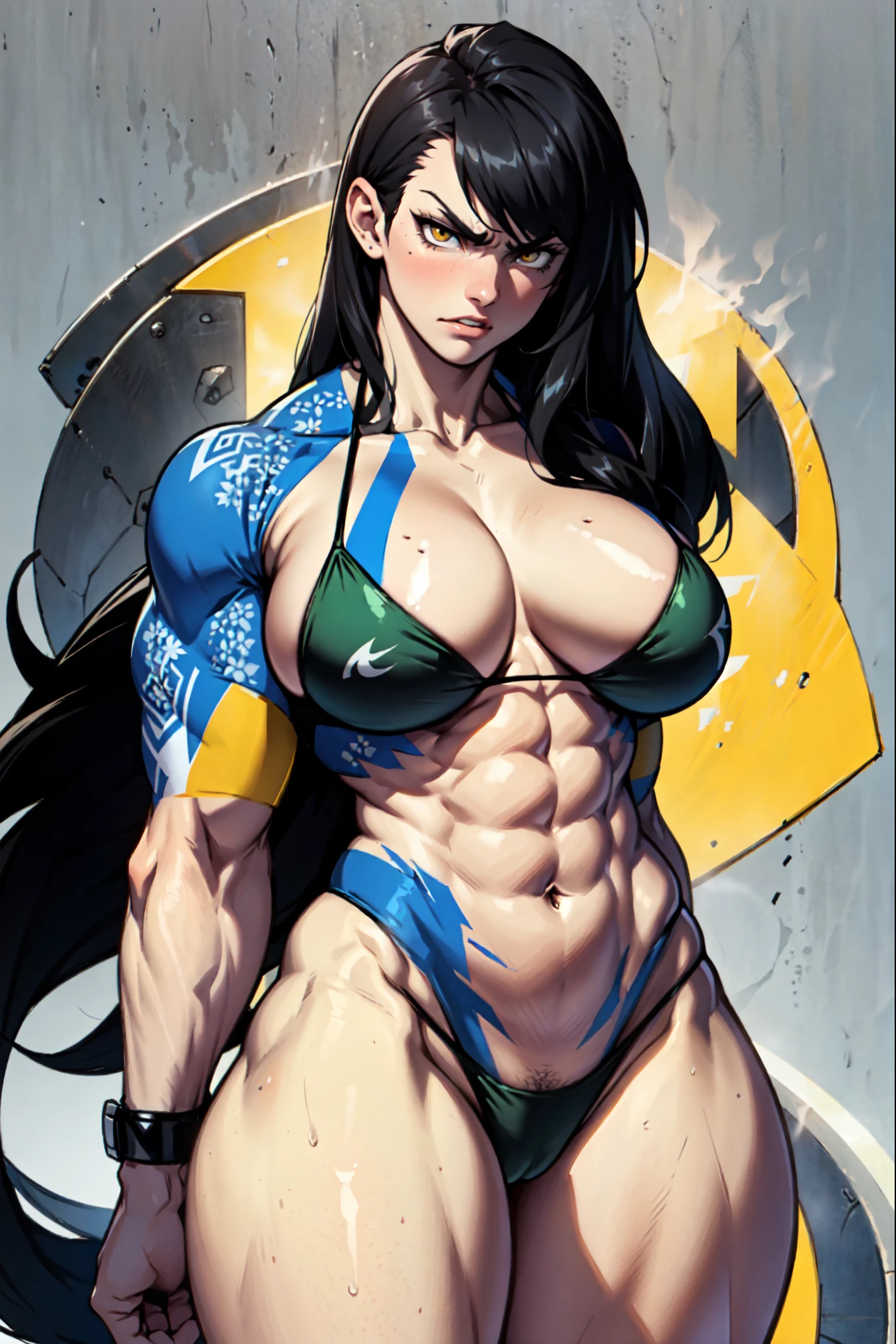 grey background micro bikini 1girl black hair yellow eyes very long hair pale skin angry (bodybuilder huge muscular toned body curvy wide hips thick thighs)