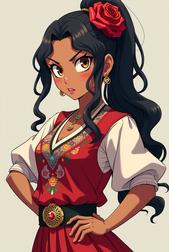 My Hero Academia 1 dark brown indigenous girl, big eyes lined and slanted golden eye color, 1 slap on the right cheek, beautiful posing a smug happy face while posing to the public while posing showing a charro outfit