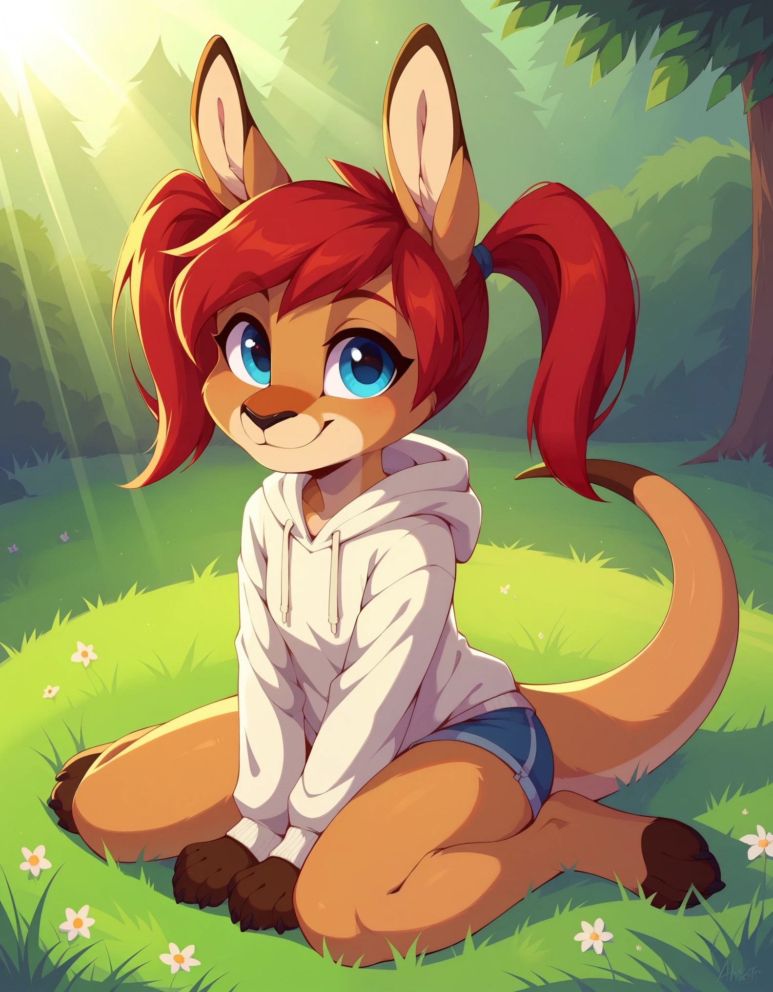 score_9, score_8_up, score_7, BREAK, furry, camille_w, solo, red hair, twintails, blue eyes, hoodie, kangaroo tail, sitting, outdoors, grass, looking at viewer, smile, cute, sunlight, natural lighting