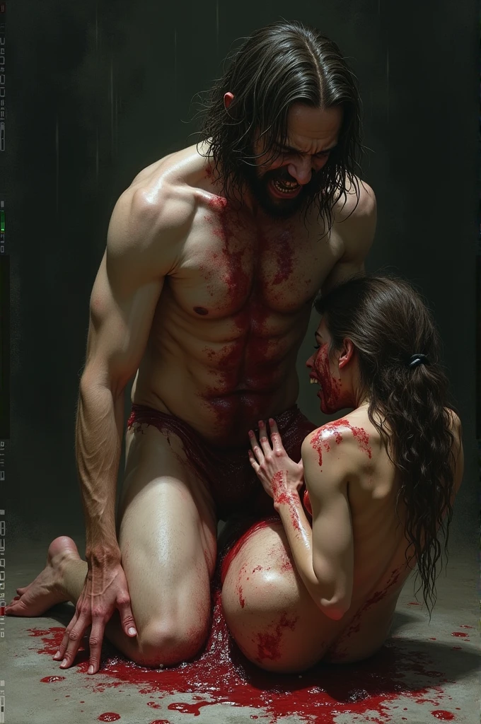 A naked man eating a woman