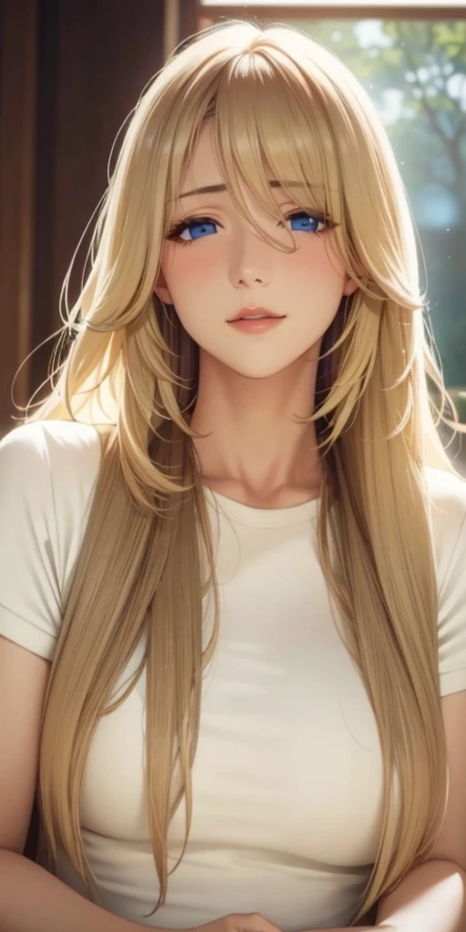 Elegant mature female, milf, blonde hair, bang, blue eyes, soft light, high quality, beautiful cg
