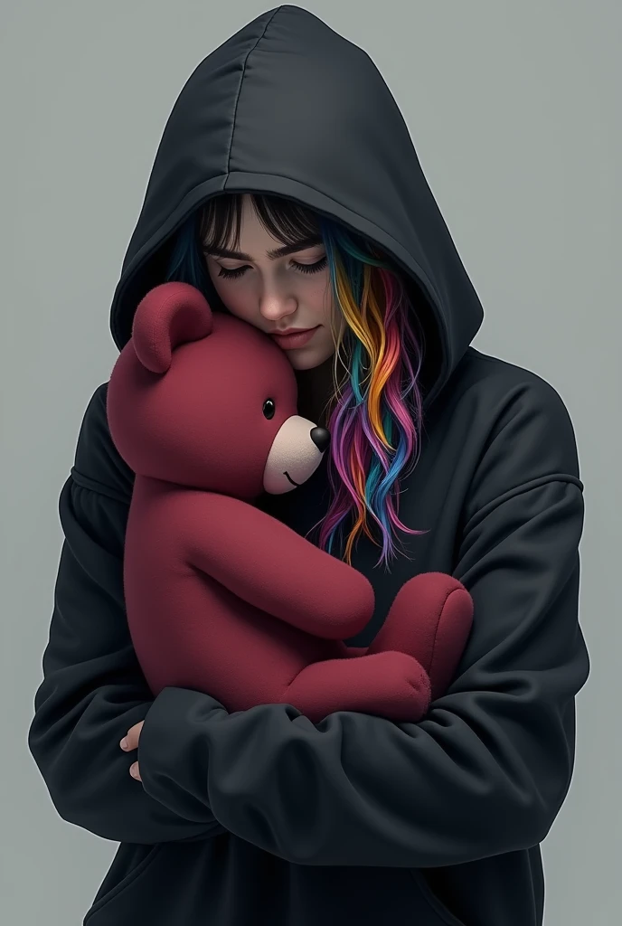 hoodie black hiding from people, hair tie dye color, wants to be safe, has a bear that is a cranberry color