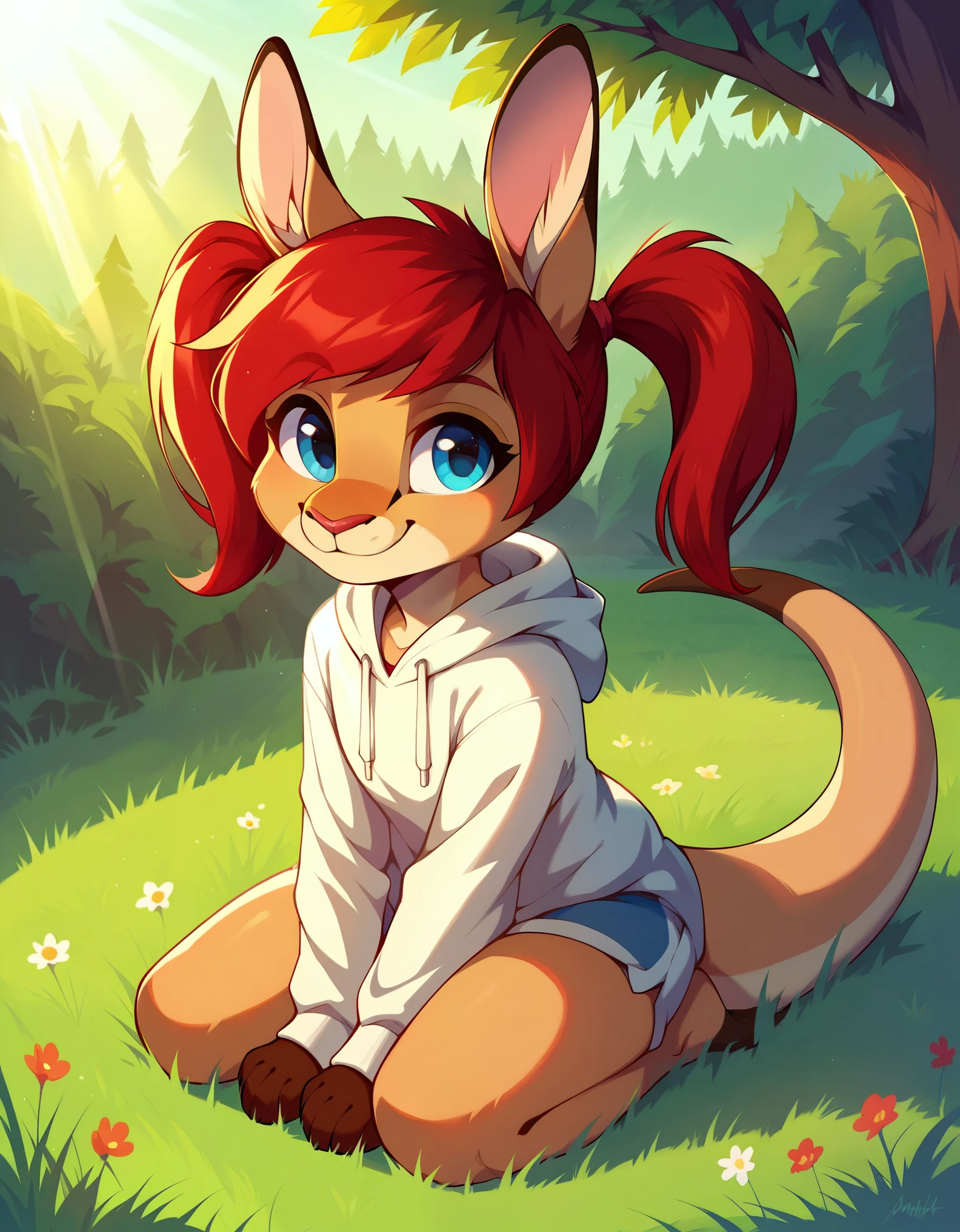 score_9, score_8_up, score_7, rating_ safe, source_furry, furry, camille_w, solo, red hair, twintails, blue eyes, hoodie, kangaroo tail, sitting, outdoors, grass, looking at viewer, smile, cute, sunlight, natural lighting