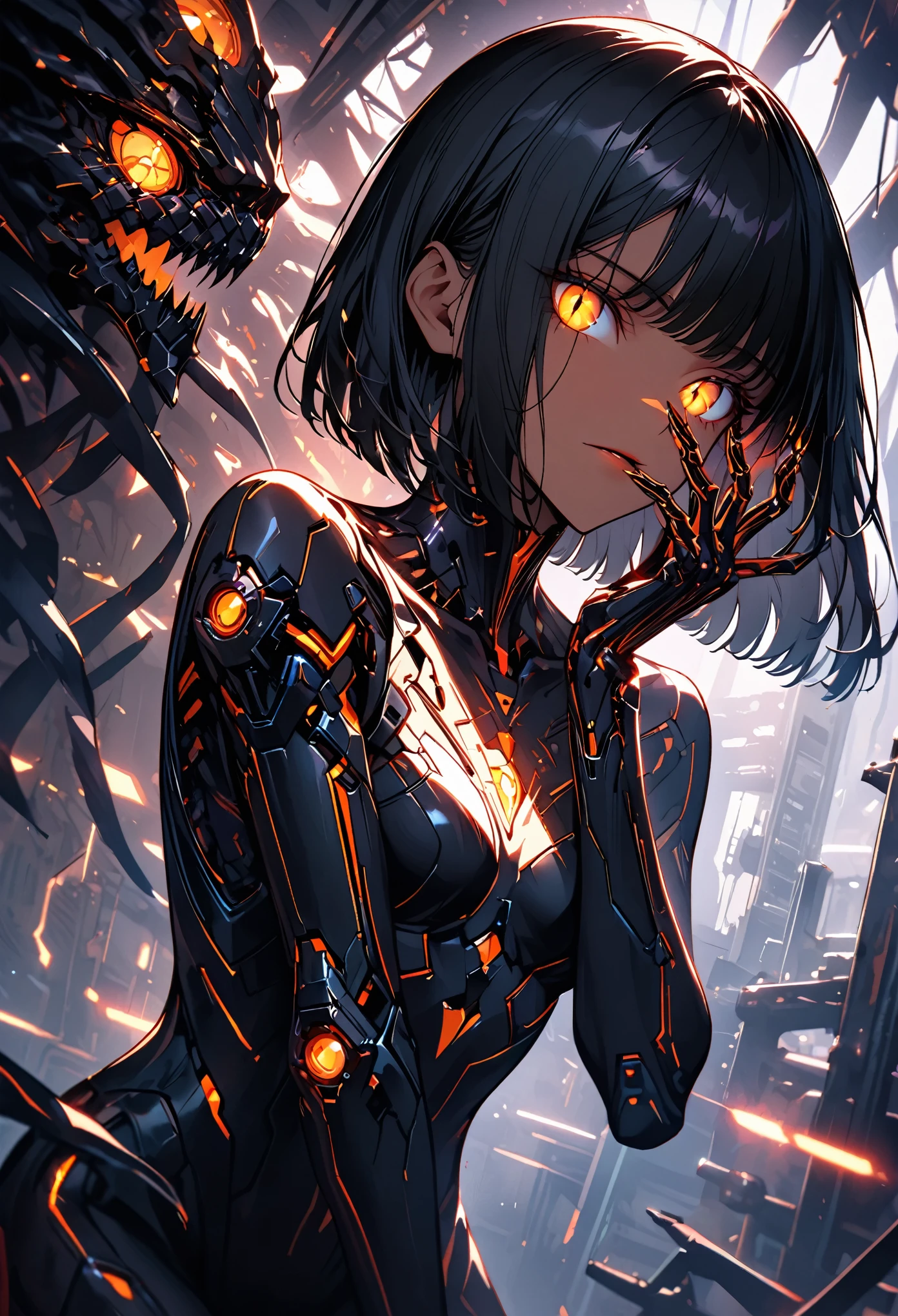 solo, female, close up medium shot, Black hair, sleek and straight hair, chin-length bob cut, slightly tousled bangs framing her face, hair infused with metallic threads, shimmering hair, slit pupils, amber-gold iris, augmented eyes, Smooth skin, tan, faint silvery veins visible just beneath the surface of her skin, skin illuminated from within, Lean, athletic, long limbs, additional arachnid mechanical, confident stance, slender mechanical legs, small glowing nodes scattered across her body, cybernetic enhancements, medium shot, pose, workshop, dark, futuristic