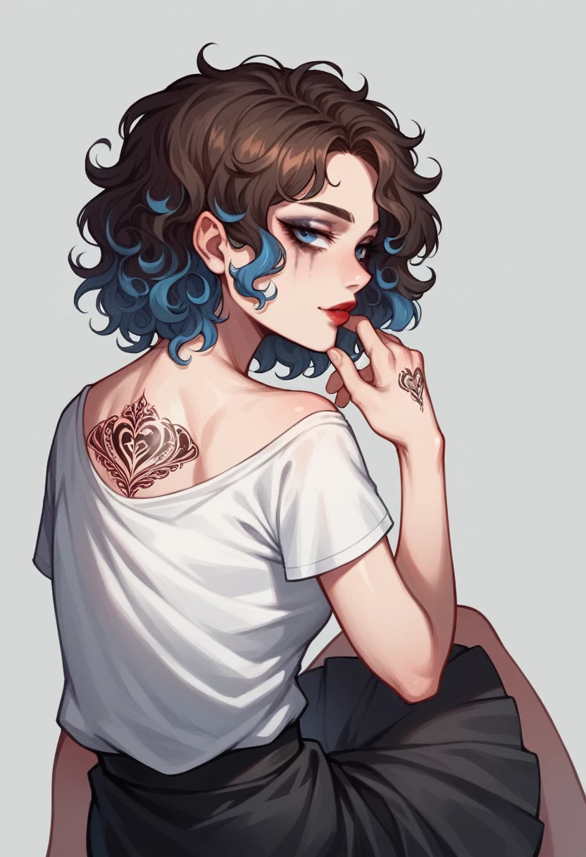 Anime style, 1women, naked, seductive expression, bright red lips, sexy tattoo on hand, neck, back, lap, brunette, black and blue multi colored hair, short hair , wavy hair, messy hair, curly hair, black eye liner, blue eye shadows makeup, beautiful detailed blue eye, sexy neckline, large neckline