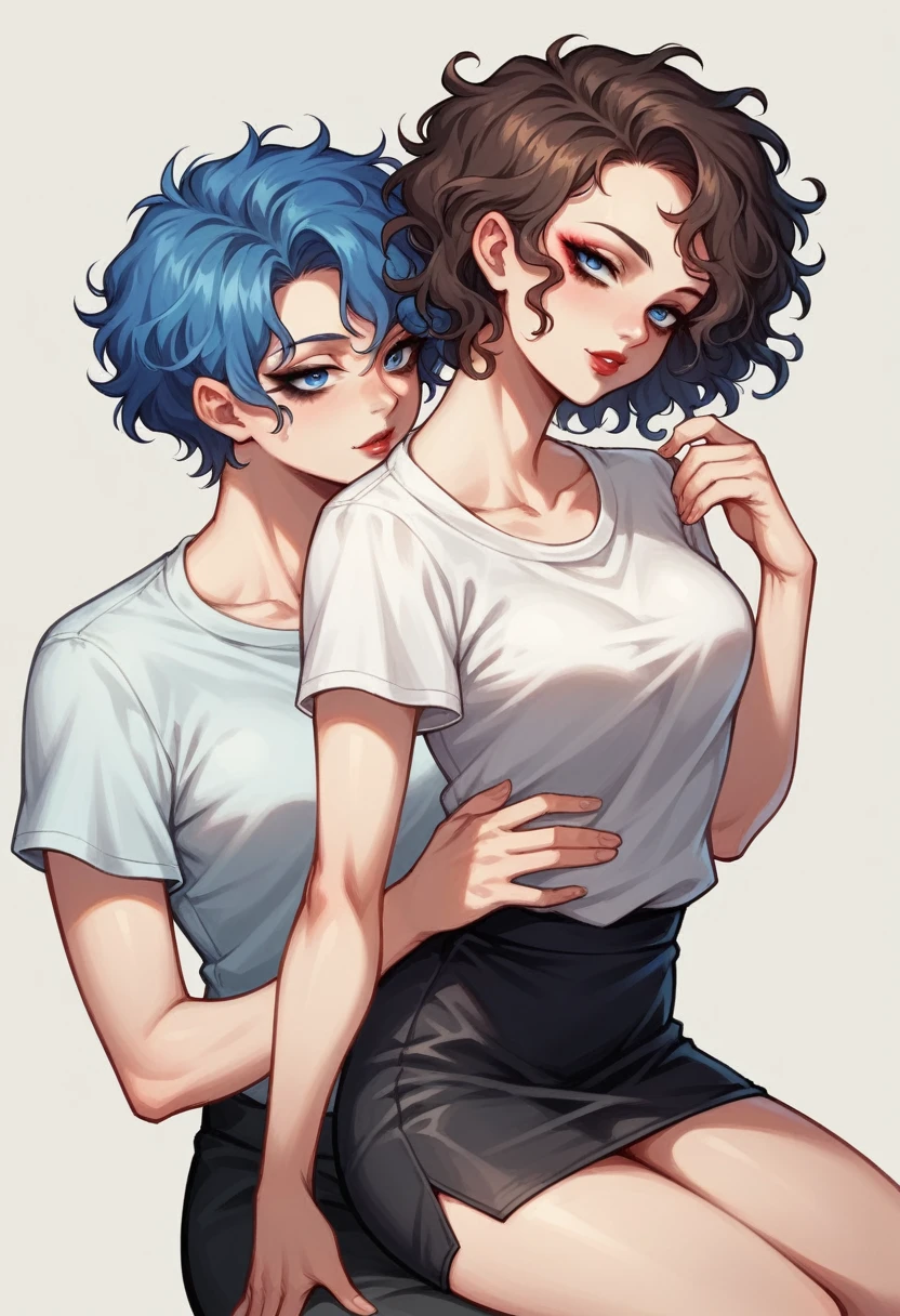 Anime style, 1women, big breast, hourglass shape, big butt, seductive expression, bright red lips, sexy tattoo on hand, neck, back, lap, brunette, black and blue multi colored hair, short hair , wavy hair, messy hair, curly hair, beautiful detailed dark eye makeup, beautiful detailed blue eye, white t-shirts, black short flowy line skirt, sexy neckline, large neckline