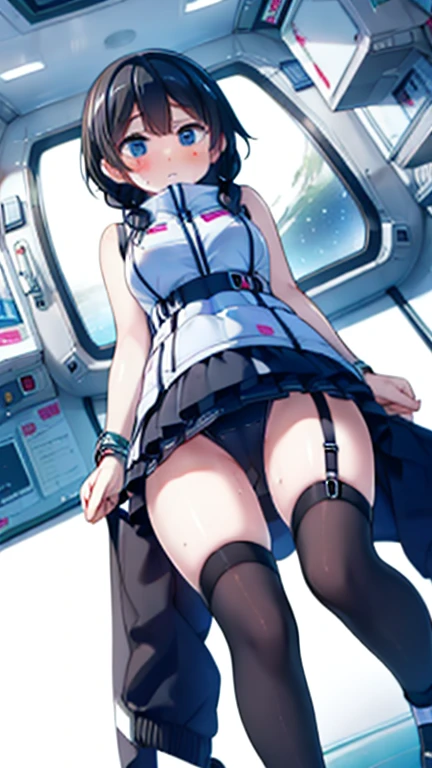 (Highest quality), (masterpiece), 1080P, High resolution, 4K, 8k, Inside the space station、Futuristic room、Thigh straps, Shooting from directly below, The woman on top of me, 白いSweat, Covered , Sweat, Woman looking down, Skirt swimsuit, Thigh-high socks, To achieve this, , , whole body, Black leather shoes, Braided hair, Inner Color, Embarrassed face, Short black hair, bracelet, Bedroom,celestial body_Vest