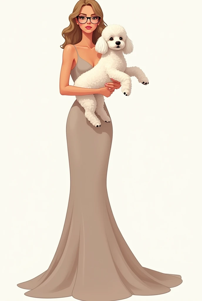 Vector style woman of 35 years old with medium dark blonde hair, Kitten Glasses, standing in a long dress without a neckline with a white poodle on her lap with a transparent background