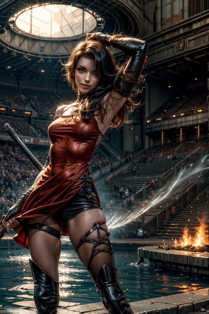(masterpiece, best quality:1.2), cowboy shot, solo, 1girl, cinder fall, looking at viewer, long hair, red dress, elbow gloves, pantyhose, dynamic pose, standing holding flames, inside ancient wrecked stadium, burst water pipe, rubble, bonfires,  crowd, with weapons, night, stars, evil smile, post-apocalypse, dystopian future  crowd, (volumetric lighting), sharp focus, hyper detailed 