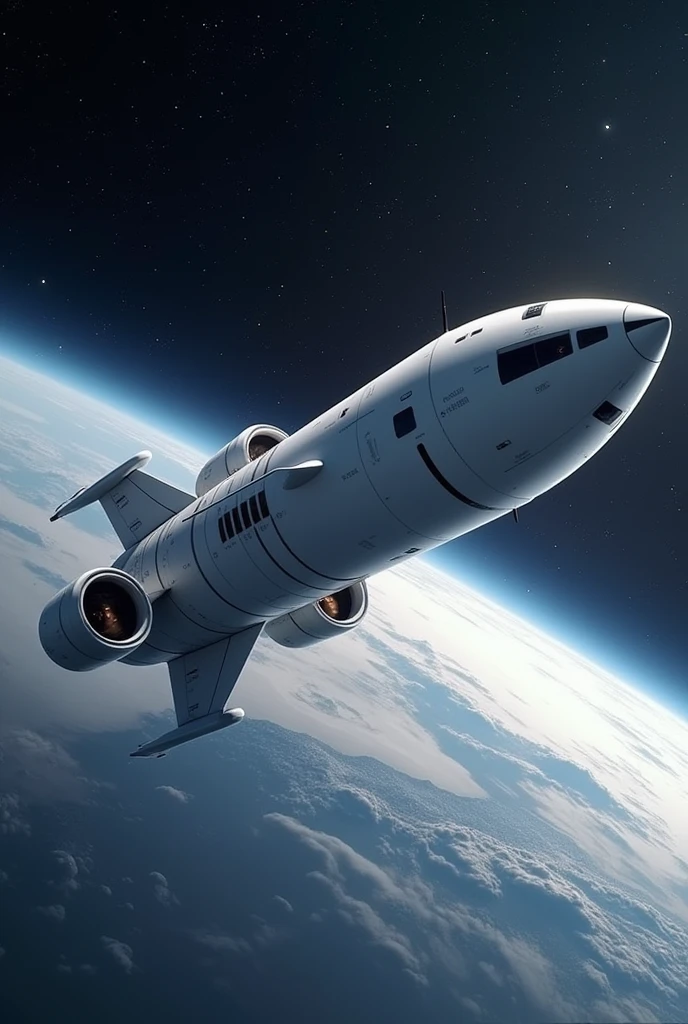 large spaceship-shaped repair cannon, curved body with white, repairs the Earth's ozone layer from space near the Earth,