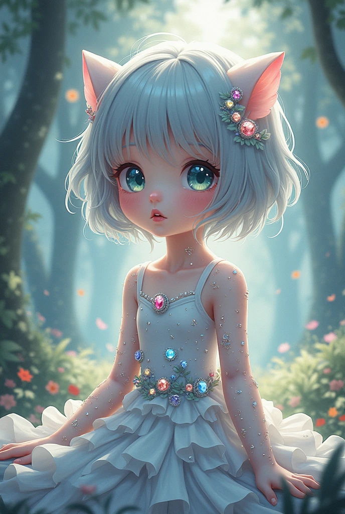 A little anime girl with gems embedded in her body
