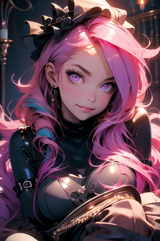 Perfect face. Perfect hands. A pink haired woman with violet eyes and an hourglass figure in a pair of leggings and a tight crop is lounging in a Gothic living room with a tired smile