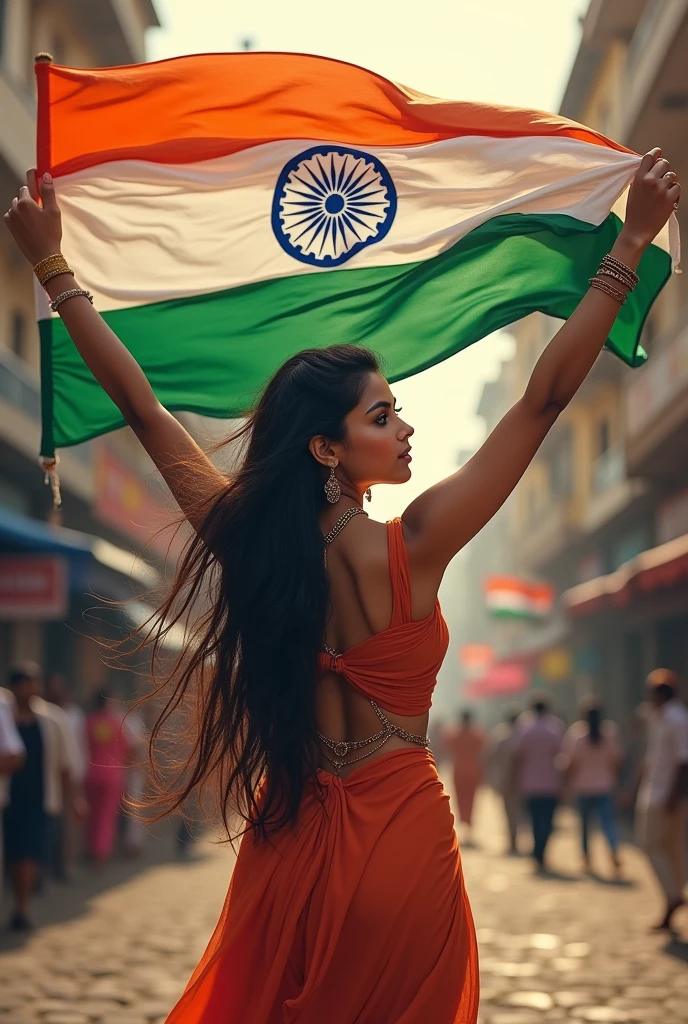 a girl named afsana written on his back and holding a indian flag on his hand 