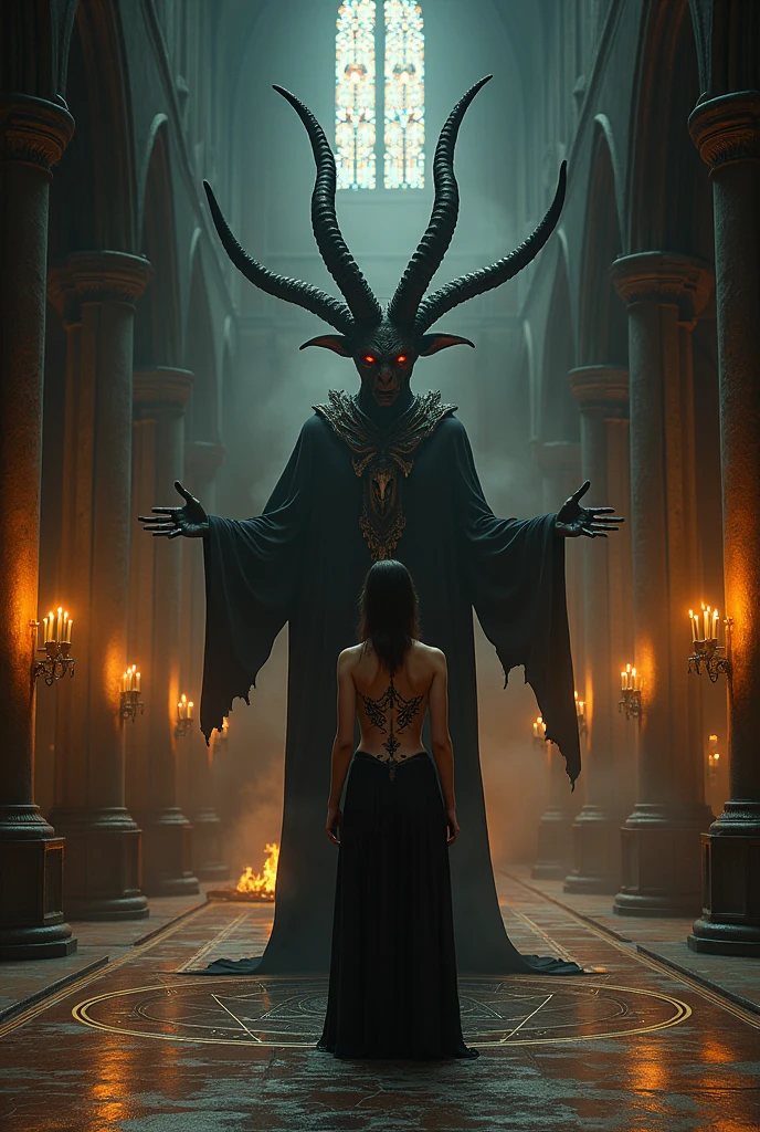 Topless Girl, a dark demonic ritual, a dark mysterious goat-headed deity, occult symbolism, satanic imagery, dark fantasy, black magic, ominous atmosphere, dramatic chiaroscuro lighting, moody and ominous color palette, intricate gothic architecture, candles and incense, detailed horns and hooves, haunting and unsettling, (best quality,4k,8k,highres,masterpiece:1.2),ultra-detailed,(realistic,photorealistic,photo-realistic:1.37)
