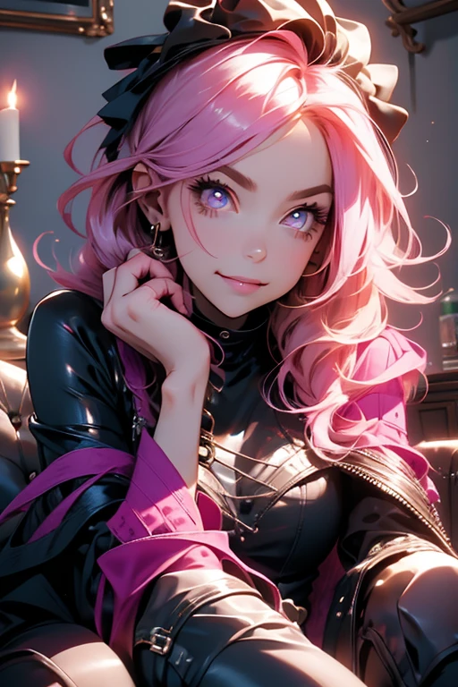 Perfect face. Perfect hands. A pink haired woman with violet eyes and an hourglass figure in a pair of leggings and a tight crop is lounging in a Gothic living room with a tired smile