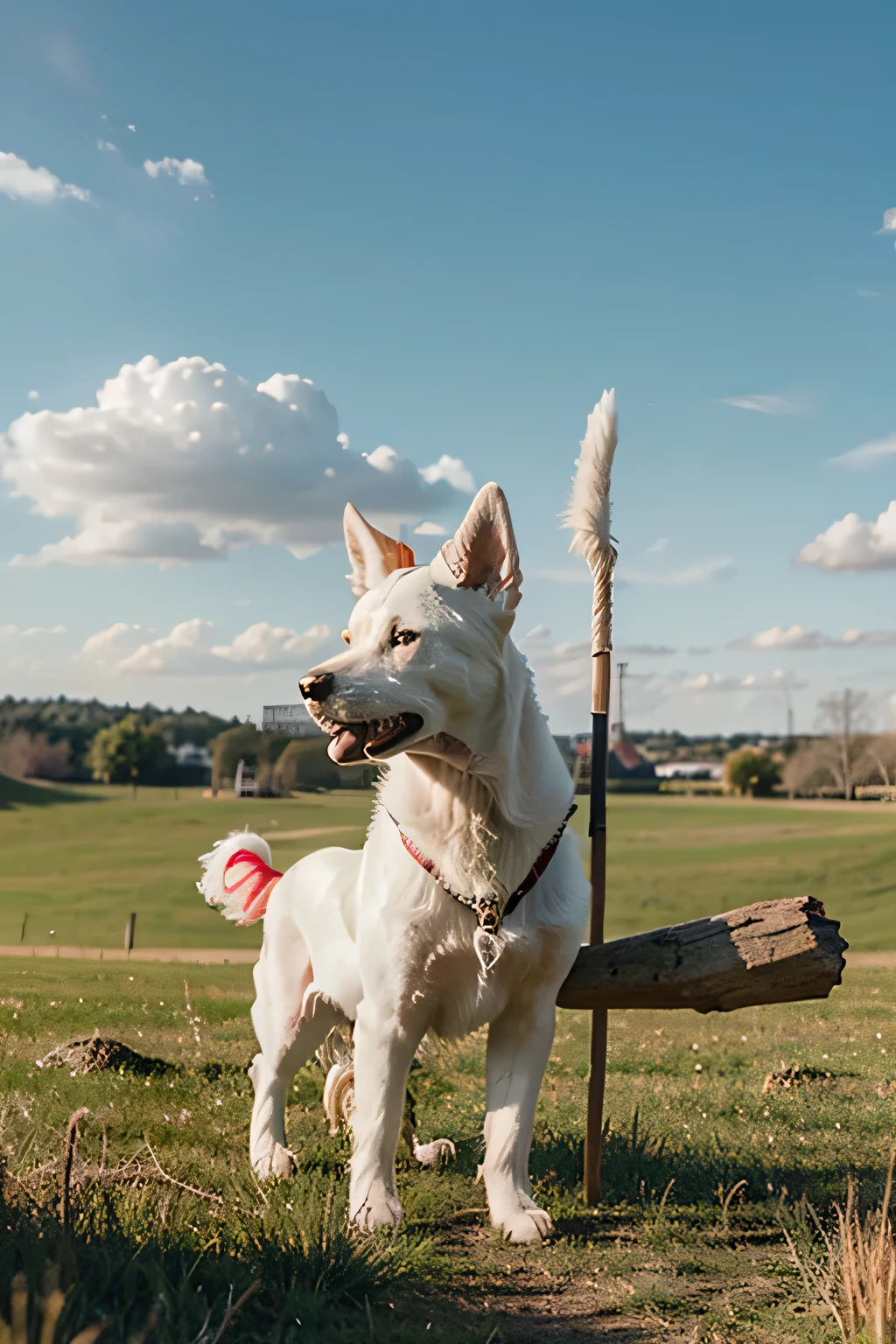 A white dog with horns on its head is carrying a stick on a grassy field.