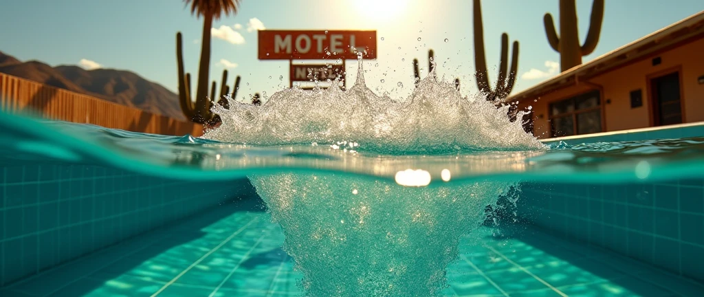 "Create a hyper-realistic 8K image from a first-person perspective, as if the camera is partially submerged in a pool. The view should be split: bottom half underwater, top half above. In the immediate foreground, capture dramatic water splashes rising towards the camera, creating the illusion that the viewer is diving into the water. Cover parts of the 'lens' with water droplets to enhance this immersive effect.

Underwater: Show crystal-clear turquoise pool water with visible pool tiles.
Above water: Frame a run-down Mexican motel in the background, surrounded by cacti. Include a weathered sign if possible.

Use golden hour lighting to illuminate the scene, creating a warm, slightly eerie atmosphere. Emphasize the contrast between the underwater clarity and the golden light above. The splash should be the focal point, with intricate details of water droplets and light refraction.

Maintain sharp focus throughout, especially on the water splash and droplets. Aim for a raw, cinematic style with a strong depth of field.