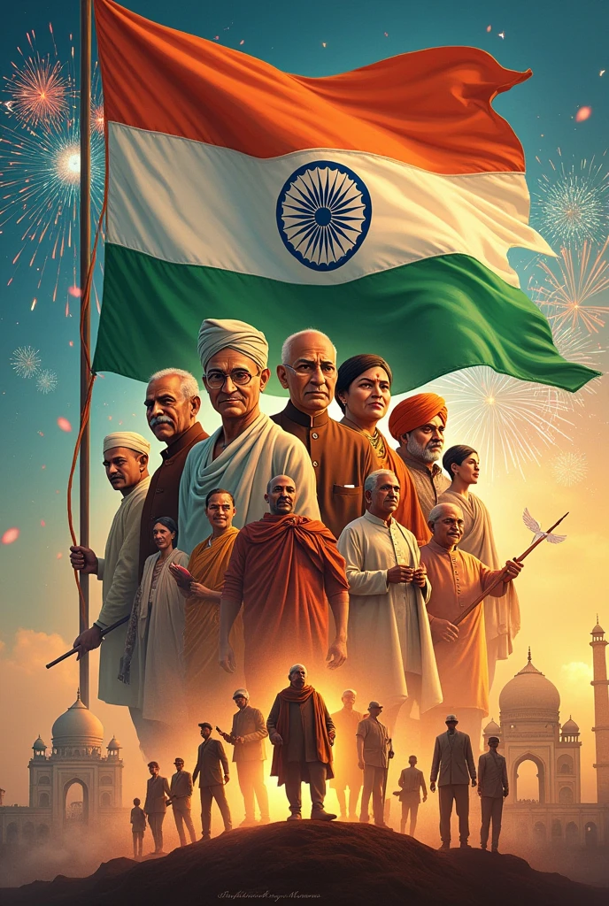 **Generate an image for Independence Day 2024**
Create a vibrant and patriotic design celebrating freedom and honoring the legacy of our heroes. The image should feature:
- **Mahatma Gandhi**
- **Jawaharlal Nehru**
- **Subhas Chandra Bose**
- **Bhagat Singh**
- **Sardar Patel**
- **Lal Bahadur Shastri**
- **Rani Lakshmibai**
- **Bal Gangadhar Tilak**
- **Chandra Shekhar Azad**
Include iconic symbols of freedom such as the national flag, fireworks, and elements that evoke the spirit of liberation and patriotism.