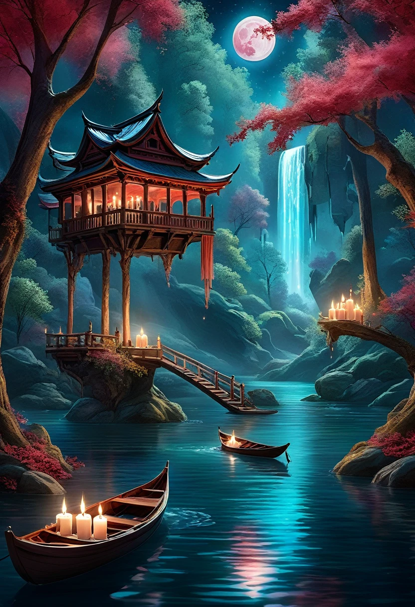 A serene river with cascading waterfalls in the background, gently flowing past a small, tranquil boat adorned with glowing, floating candles. The scene is illuminated by a soft, light red moon hanging in the sky, casting a warm, ethereal glow over the landscape. The sky is a deep blue, creating a vivid contrast against the crimson-hued trees that line the riverbanks. The atmosphere combines elements of fantasy and surrealism, with vibrant, saturated colors and intricate details in the water, candles, and foliage. The composition evokes a sense of peaceful mystique and dreamlike wonder. —ar 2:3 —v 5.1
