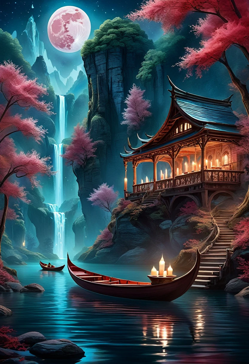 A serene river with cascading waterfalls in the background, gently flowing past a small, tranquil boat adorned with glowing, floating candles. The scene is illuminated by a soft, light red moon hanging in the sky, casting a warm, ethereal glow over the landscape. The sky is a deep blue, creating a vivid contrast against the crimson-hued trees that line the riverbanks. The atmosphere combines elements of fantasy and surrealism, with vibrant, saturated colors and intricate details in the water, candles, and foliage. The composition evokes a sense of peaceful mystique and dreamlike wonder. —ar 2:3 —v 5.1