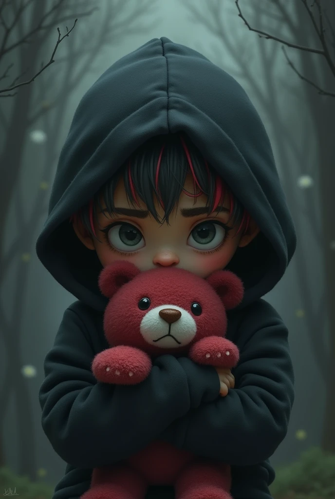 hoodie black hiding from people, hair tie dye color, wants to be safe, has a bear that is a cranberry color , is boy