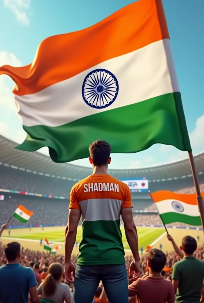Create 3D illusion for a profile picture where
Happy Independence Day 15 August 2024 is written on big flag of India and a 25-year-old boy with strong biceps is standing in front of him wearing Orange white and green colour half T-shirt, with name "SHADMAN" written on t shirt, and holding the Indian flag in his hand, in cricket stadium, and stadium full with crowd and Indian flags, and "NORAH SHINE" written on score board clearly, in Orange white and green colour, 3D art painting realistic high quality photo