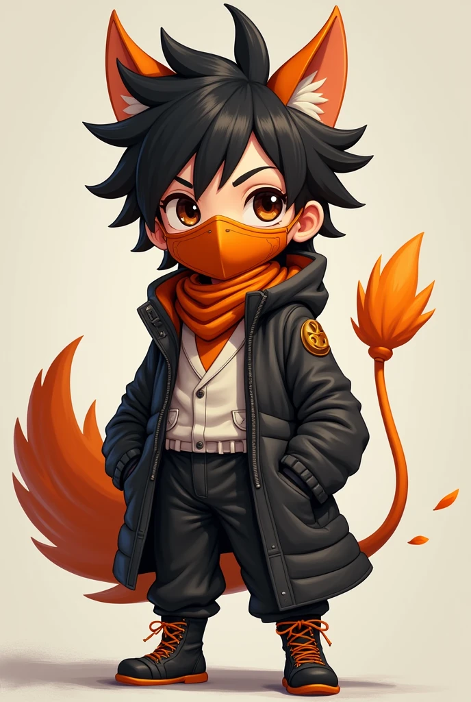 Make a young boy black hair brown eyes that has a mask on him and a orange tail and a black white orange costume
