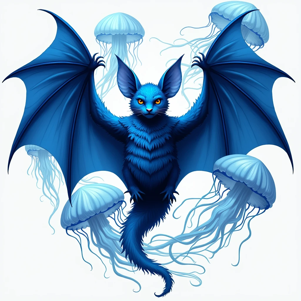 Blue bat coat of arms with jellyfish around it 
