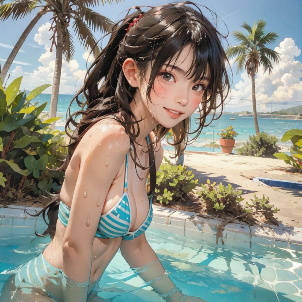 ((highest quality, masterpiece, High resolution)), ((reality)),Photos of beautiful Japanese women,((anime art))、 (((1 girl))), normal size breasts, slim body shape, long ponytail,double eyelid, Wet see-through micro bikini, A pareo with bold ethnic patterns and plenty of primary colors、(Brown skin:1.4),realistic skin、Wet,whole body,cinematic light、tropical、Against the background of palm trees on both sides、on a sunny beach、With the sea in the background、blur background、smile