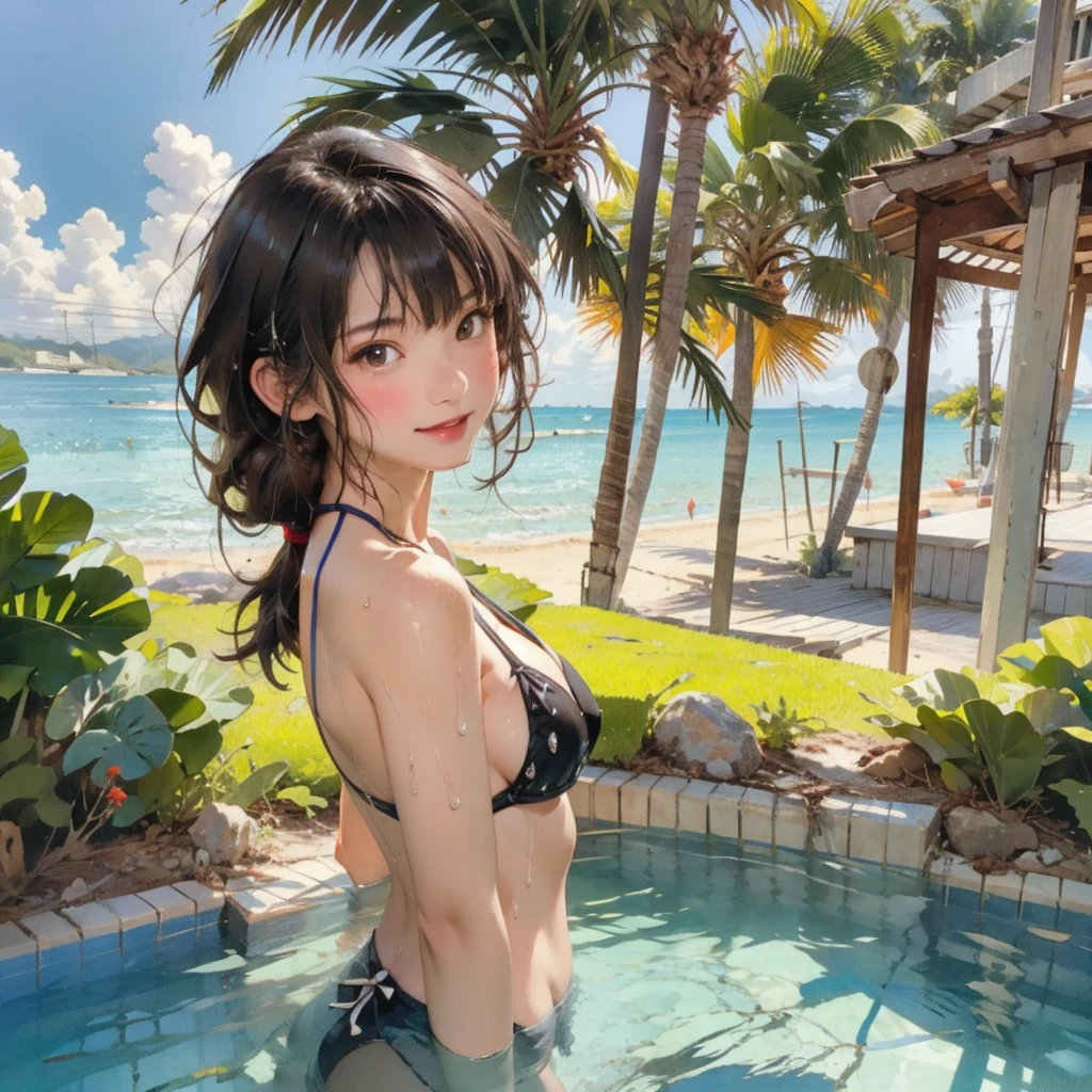 ((highest quality, masterpiece, High resolution)), ((reality)),Photos of beautiful Japanese women,((anime art))、 (((1 girl))), normal size breasts, slim body shape, long ponytail,double eyelid, Wet see-through micro bikini, A pareo with bold ethnic patterns and plenty of primary colors、(Brown skin:1.4),realistic skin、Wet,whole body,cinematic light、tropical、Against the background of palm trees on both sides、on a sunny beach、With the sea in the background、blur background、smile