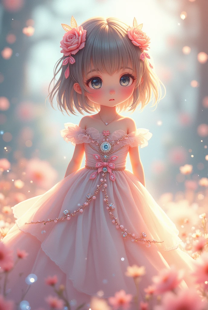 A small anime girl wearing a long dress with gems embedded in her body