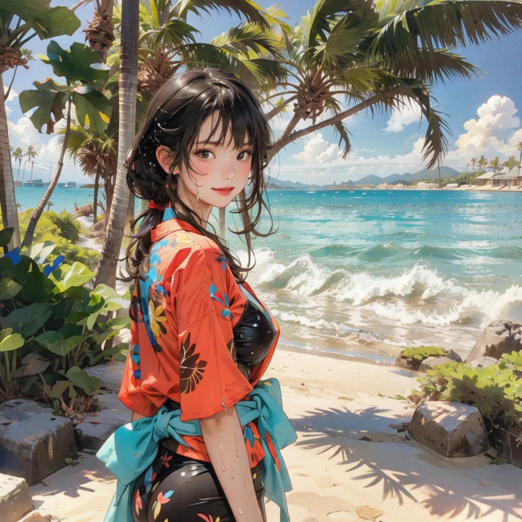((highest quality, masterpiece, High resolution)), ((reality)),Photos of beautiful Japanese women,((anime art))、 (((1 girl))), normal size breasts, slim body shape, long ponytail,double eyelid, Wet see-through micro bikini, A pareo with bold ethnic patterns and plenty of primary colors、(Brown skin:1.4),realistic skin、Wet,whole body,cinematic light、tropical、Against the background of palm trees on both sides、on a sunny beach、With the sea in the background、blur background、smile