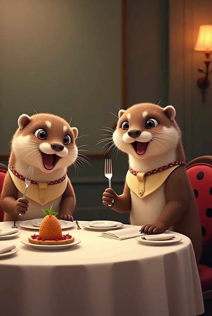Two otters at the dining table. With cutlery in hand. They have bibs on and are hungry. You will be served by a waitress in a ladybug outfit, who brings you the food.