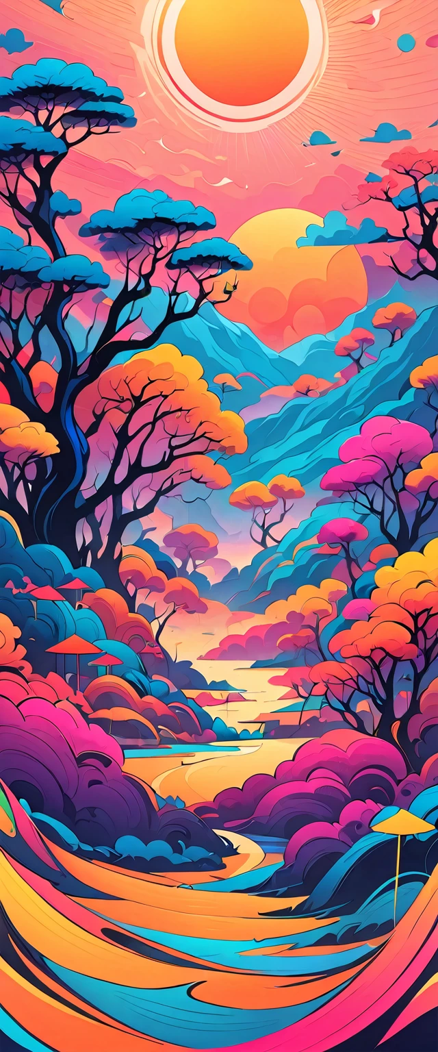 Super nice background，clean background，abstract painting，Vibrant colors，floral ornament，under the sun，trees