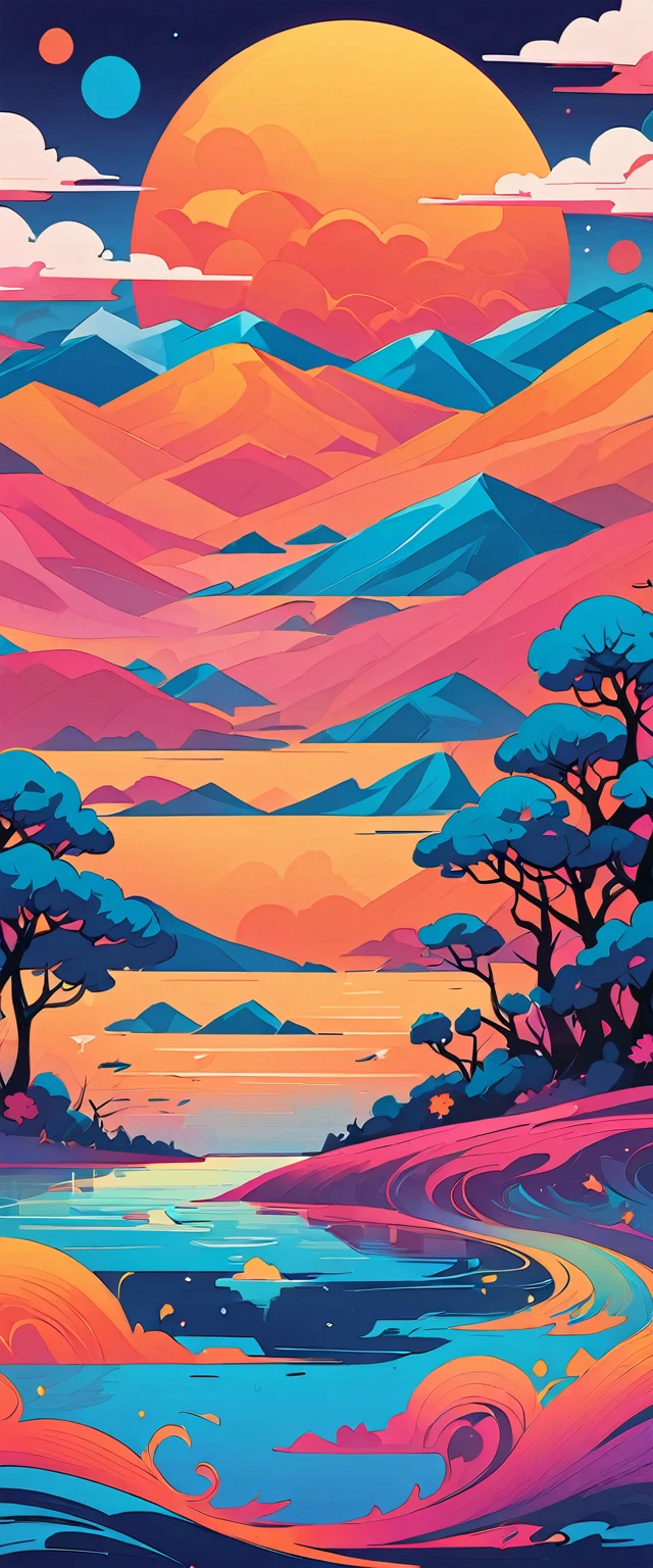 Super nice background，clean background，abstract painting，Vibrant colors，floral ornament，under the sun，trees