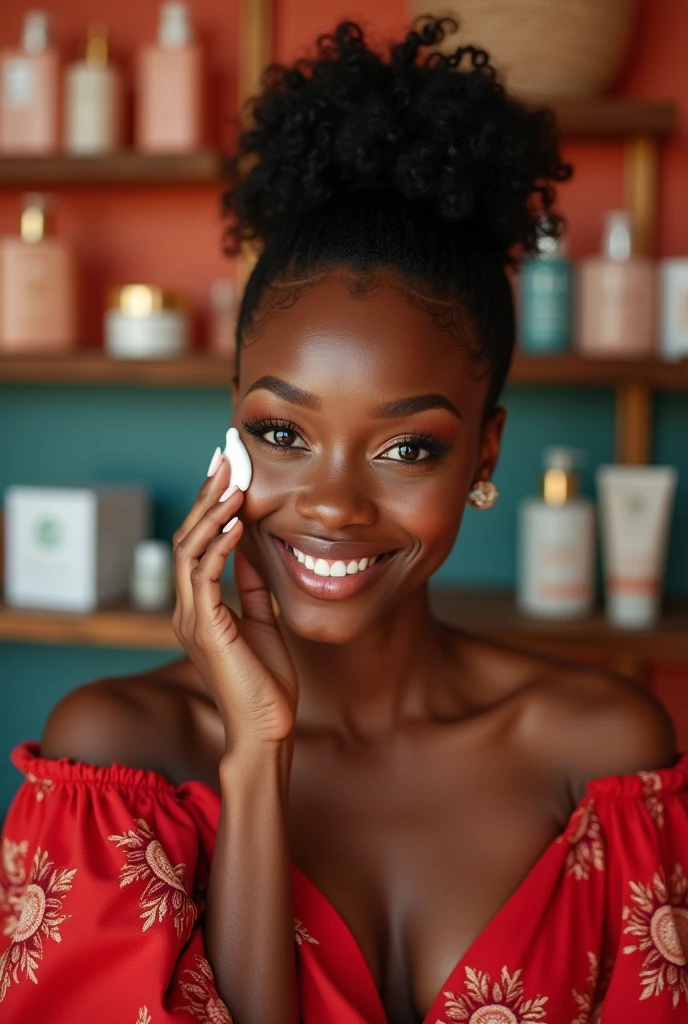 A black woman with radiant skin, putting a white ointment on the skin, beautiful smile, colorful and vibrant background with skin creams in the background on shelves, half body image with red dress