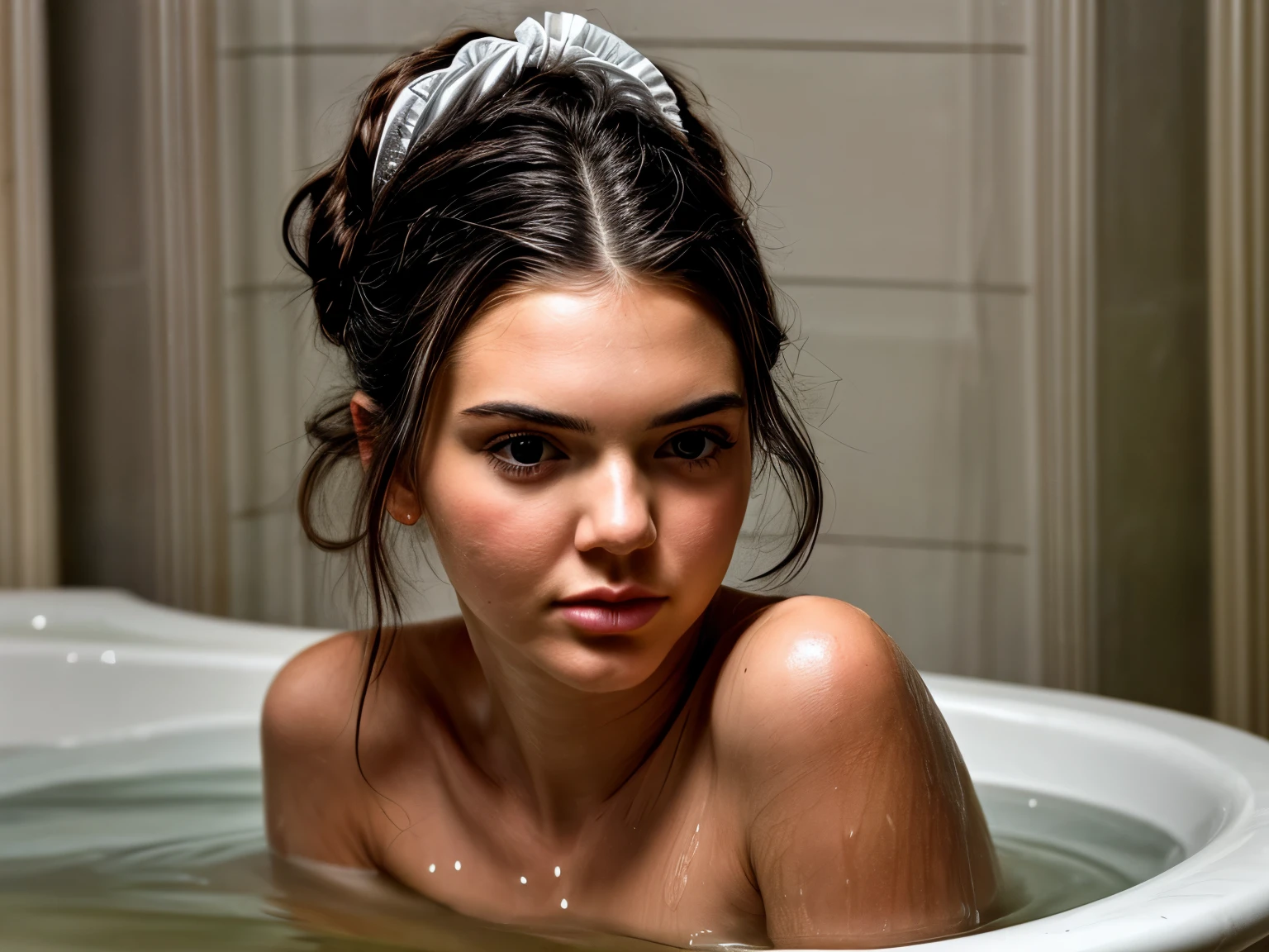 ((masterpiece)), ((best quality)), (high-resolution), (photo-realistic), (ultra-high detailed), (1girl), ((NSFW)), ((25-year-old Kendall Jenner the daughter of a plantation owner from Georgia in the southern states in 1862)), ((Hair in the style of a young Victorian lady)), ((relaxing in her bath)), ((bathing)), ((wet)), ((White Victorian bathtub)), (hyper-detailed face), ((small breastsmall hands)), ((Victorian Bathroom))