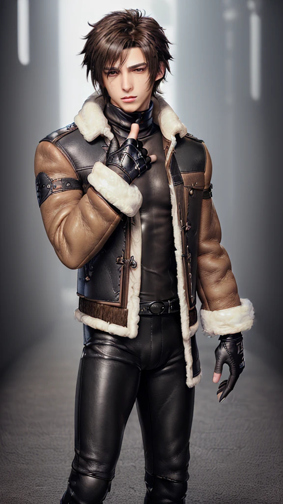 Final fantasy taste and reality graphics, ((Japanese young cute and cool ikemen boy)), his age is early 20s, thin eyebrows and beady eyes, (((he wearing light brown color shearling jacket))), ((jacket is no leather and waist length)), ((fur color is white)),
((also wearing black thick turtleneck polyester shirts)), ((tight black leather long pants)), ((((black leather tight-fitting leather full finger glove both hands)))), black leather knee-high raceup boots,must views head-to-toe,must views whole body,,