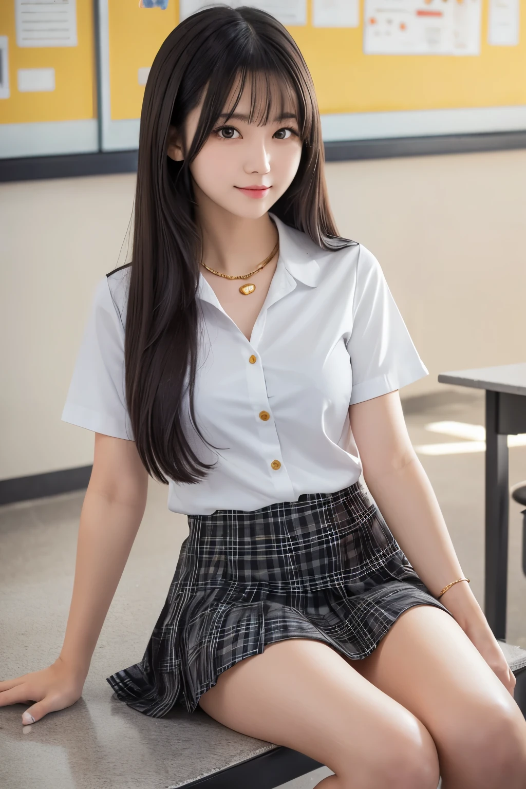 A grown-up high school girl, (Highly detailed beautiful face), beautiful face and dark eyes, High resolution, High School Uniform, White short sleeve blouse, Dark grey checked skirt, Her chest is open, revealing her gold necklace., Slender calves, Shiny black hair, classroom, Sitting with legs crossed