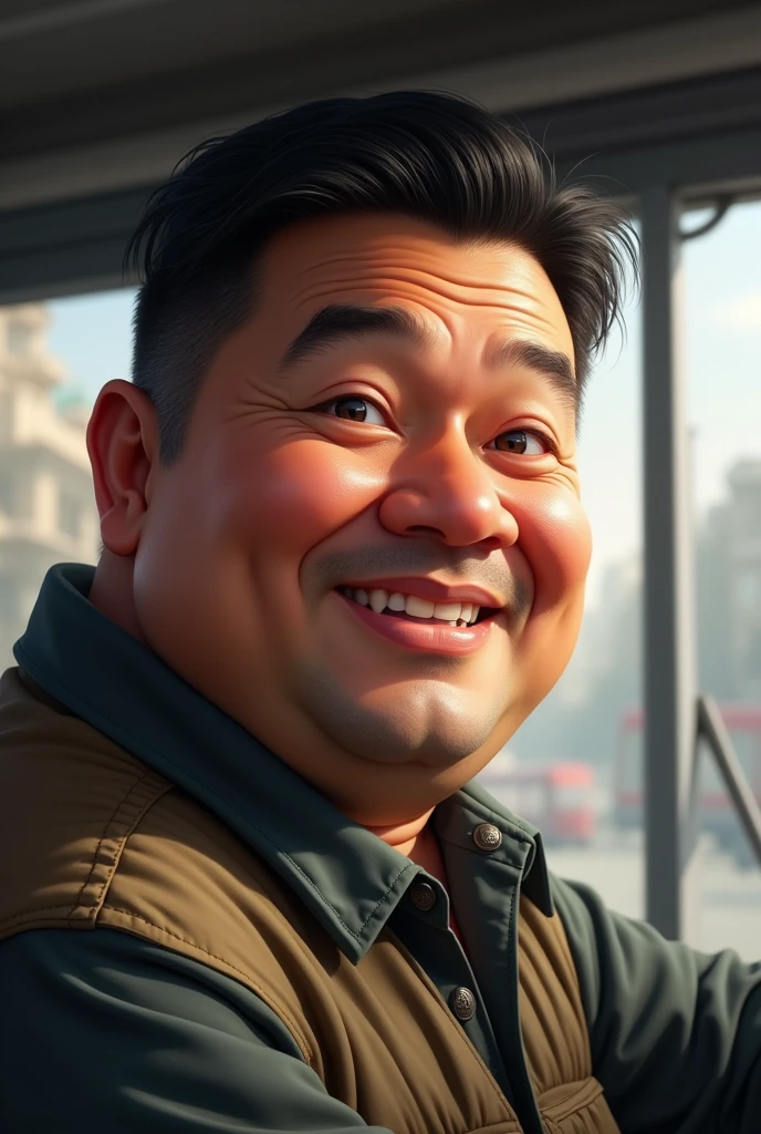 Bus driver
Chubby
Black and straight hair
White
Round face
Man