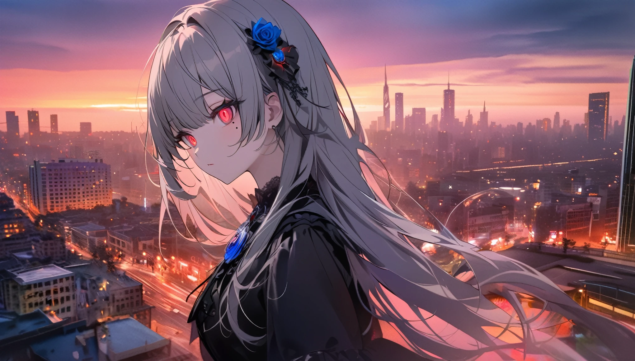 Modern city, busy street at dusk, tense lens, the main body of the photo is the background of the big city, bright and fresh photo, beautiful abstract big city and teenage girl character in it. Gray hair color, red glowing eyes, long hairstyle, mole under the left eye, blue rose brooch, gothic lolita fashion, surreal background, enchanting style,